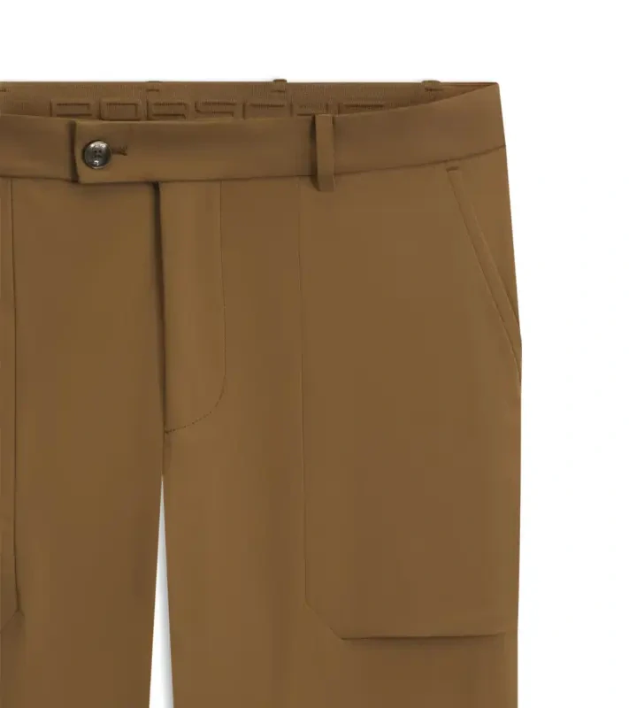 PORSCHE DESIGN Regular-fit Trousers in stretch fabric Porsche x BOSS Kalhoty neformální i volnočasové s reliéfním logem mírně strečové hnědé camelka