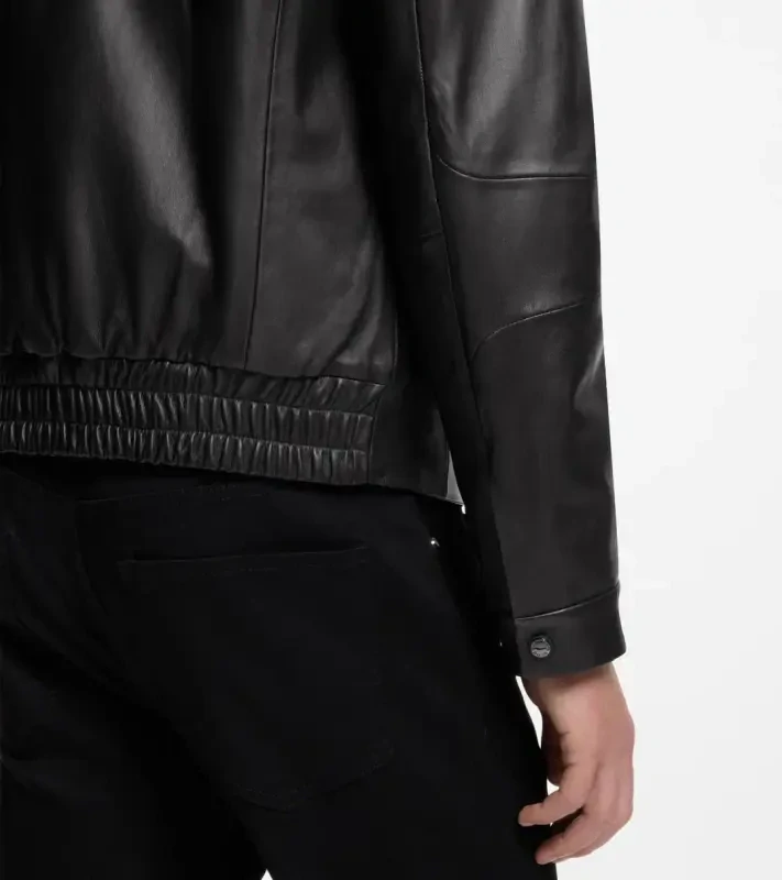 PORSCHE DESIGN Leather Jacket with concealed magnetic closure Porsche x BOSS Bunda kožená se zipem a krycí légou na magnetky s reliéfním logem černá