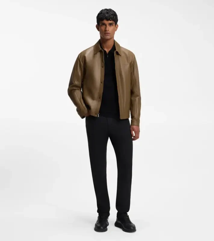 PORSCHE DESIGN Leather Jacket with concealed magnetic closure Porsche x BOSS Bunda kožená se zipem a krycí légou na magnetky s reliéfním logem hnědá camelka
