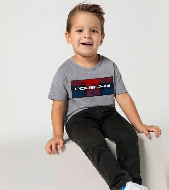 PORSCHE Kids T-shirt Turbo No. 1 Tričko s kulatým výstřihem dětské šedá s kostkovanými detaily