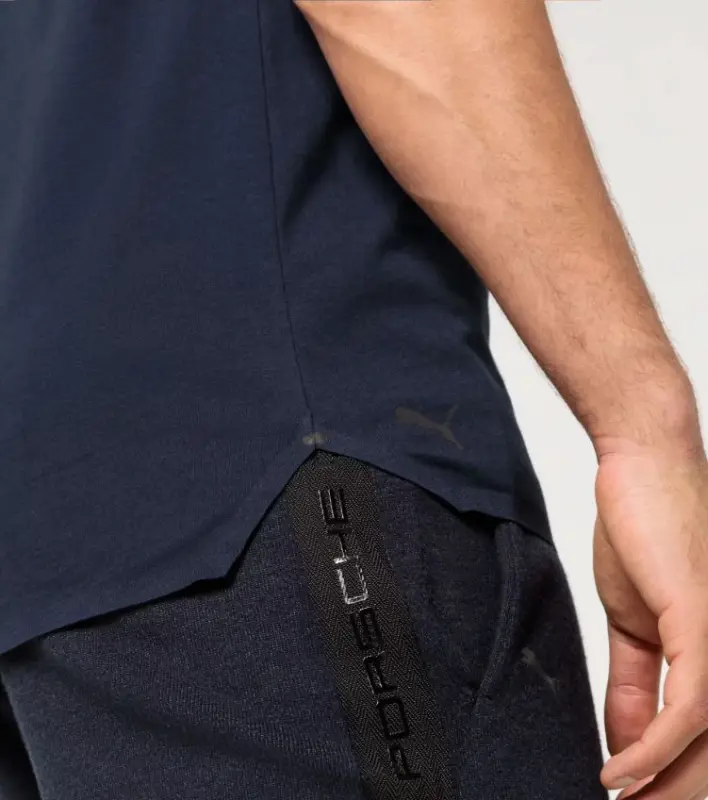 PORSCHE DESIGN Leisure T-shirt Tričko sportovní s kulatým výstřihem a s černým lemem a logem na rukávu tmavě modrá