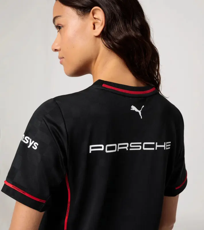 PORSCHE Women's T-shirt Motorsport Replica Tričko dámské sportovní s kulatým výstřihem černá s červenými doplňky
