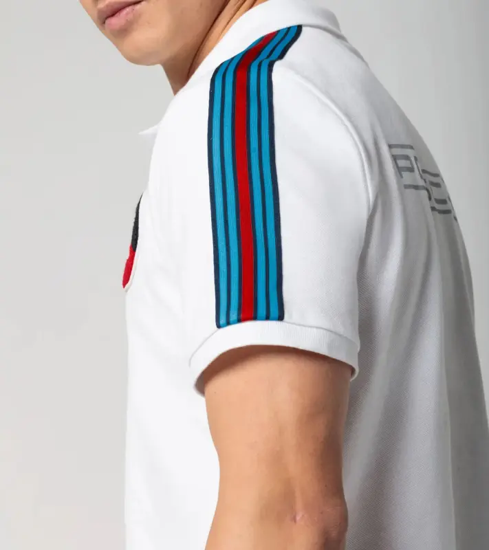 PORSCHE Polo Shirt MARTINI RACING® Polokošile Tričko s límečkem a knoflíky bílá s červenomodrými pruhy