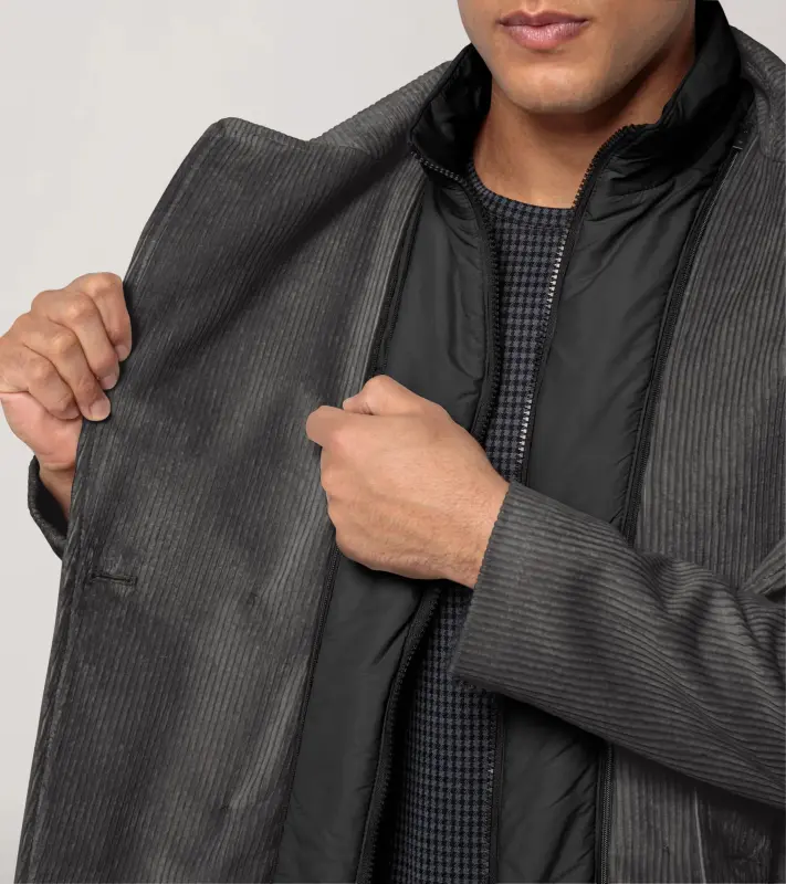 PORSCHE DESIGN Hybrid pea coat Kabát dvouřadý krátký s kombinací materiálů a žakárovou podšívkou antracitová šedá