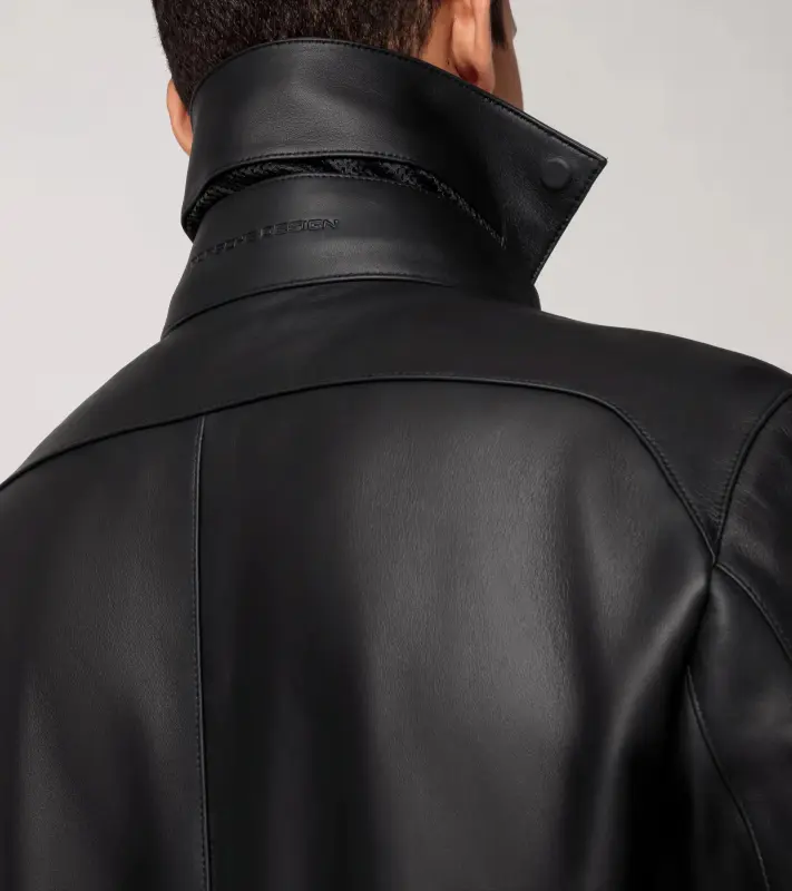 PORSCHE DESIGN Cabrio leather jacket Bunda kožená s odnímatelným límcem a ikonickou žakárovou podšívkou černá