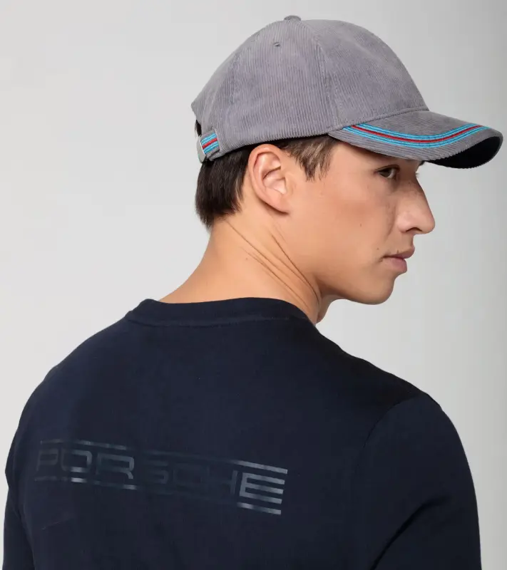 PORSCHE 6-panel cord cap MARTINI RACING® Kšiltovka čepice světle šedá s červemodrými detaily