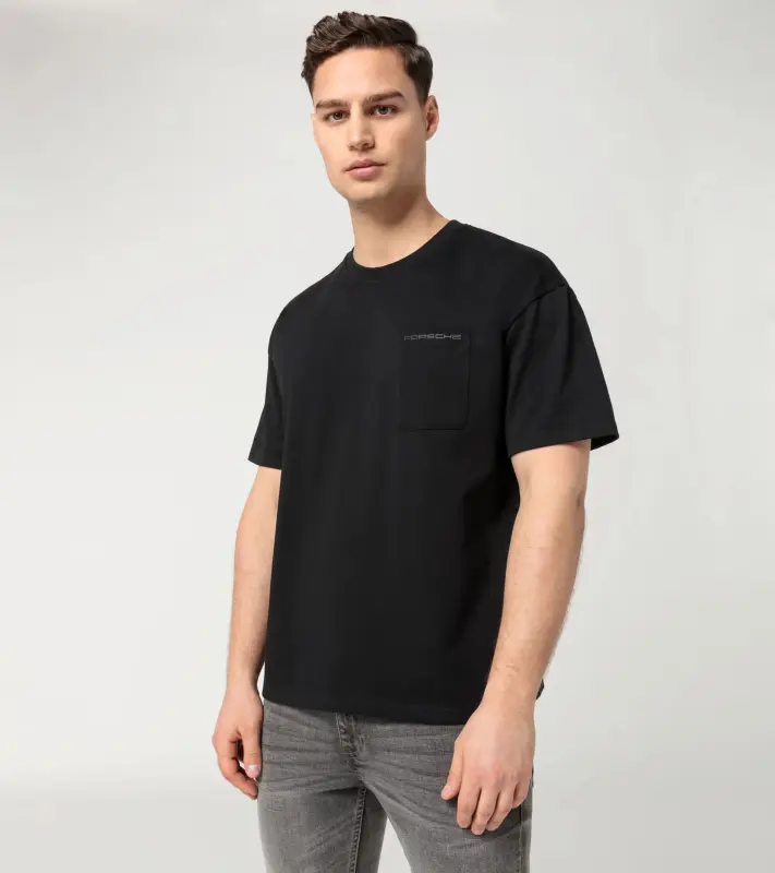 PORSCHE Unisex T-shirt Essential Tričko bavlněné s kulatým výstřihem a kapsičkou černé
