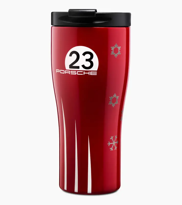 PORSCHE Thermal Travel Cup 917 Salzburg Winter Edition Termoska sytě červená v zimním dekoru sněhových vloček 460 ml