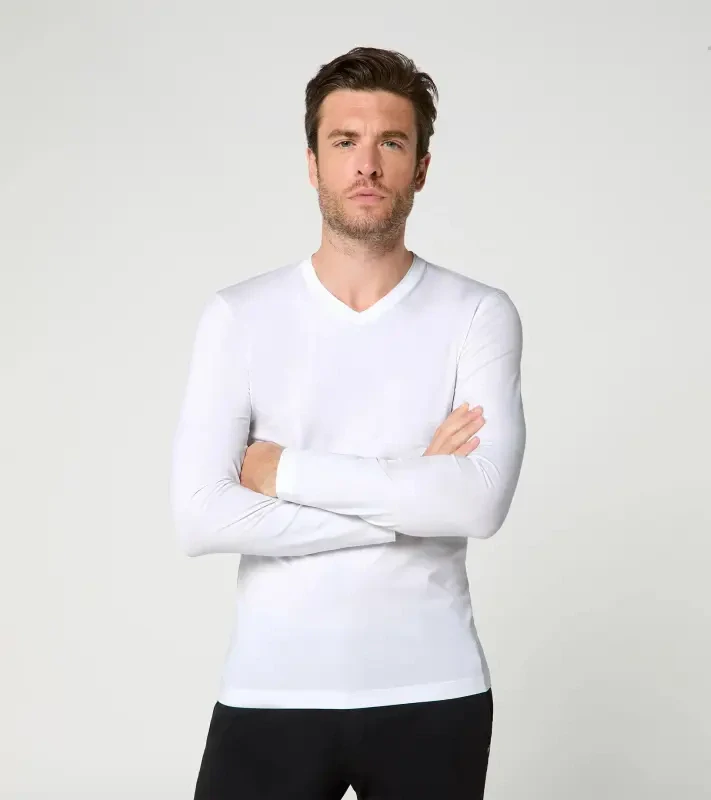 PORSCHE DESIGN Long-sleeve V-neck Shirt Tričko s dlouhým rukávem s výstřihem do V mírně elastické bílá