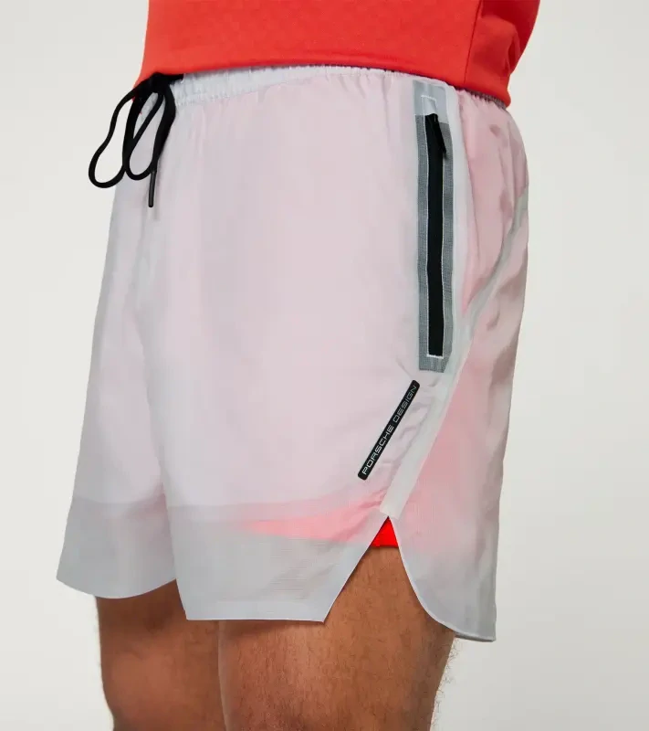 PORSCHE DESIGN Ultra-light Shorts Kalhoty krátké šortky funkční s průsvitnou vrchní látkou bílou a elastickými kraťasy v kontrastní oranžové