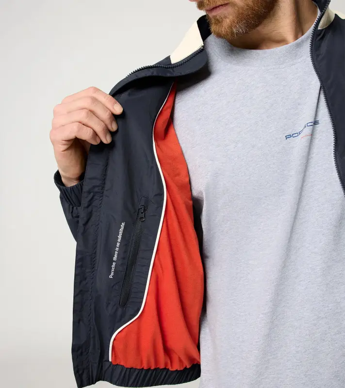 PORSCHE Unisex Retro Blouson Jacket Fan Community Bunda sportovní volnočasová na zip do pasu s úpletem ve stylu devadesátek tmavě modrá