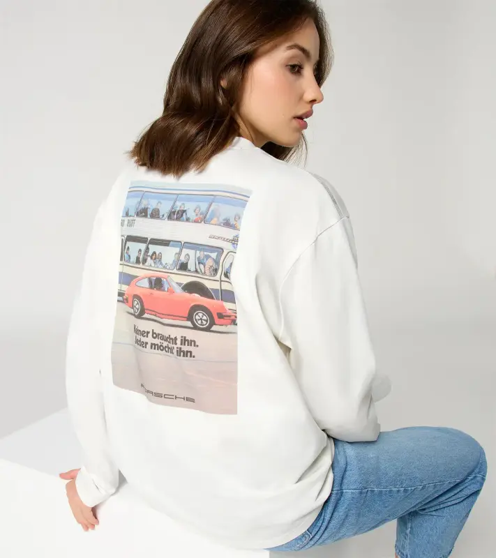 PORSCHE Unisex Retro Long-Sleeved Shirt Fan Community Tričko ležérní s dlouhými rukávy s potiskem evokujícím devadesátky bílá