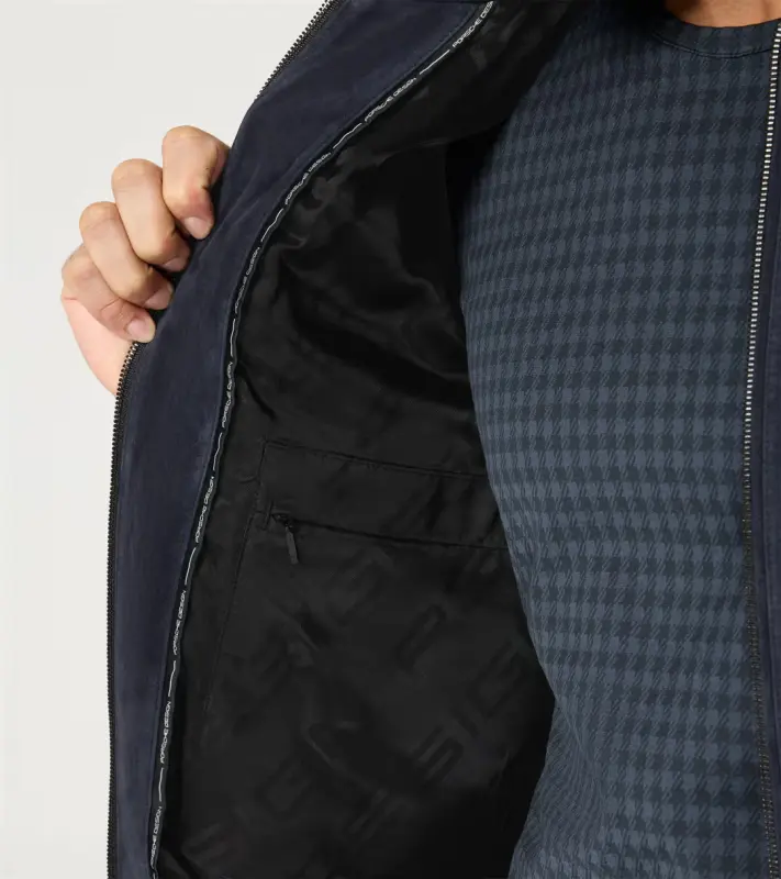 PORSCHE DESIGN Goat Suede Leather Jacket Bunda kožená klasického střihu s detaily z úpletu tmavě modrá