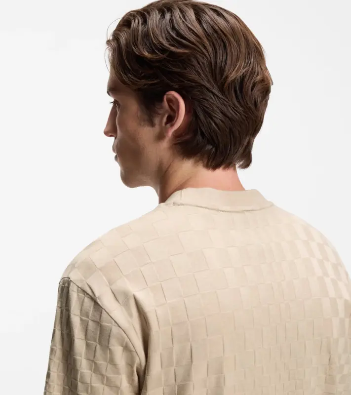 PORSCHE DESIGN Cotton T-shirt with Pascha pattern Porsche x BOSS Tričko sportovně laděné s výstřihem ke krku béžové s grafikou a žakárovým vzorem