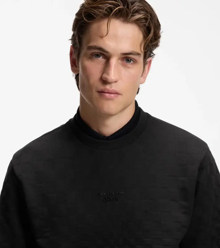 PORSCHE DESIGN Sweatshirt with Pascha Check Jacquard Porsche x BOSS Svetr mikina se žakárovým vzorem šachovnice a vycentrovaným reliéfním logem v černé