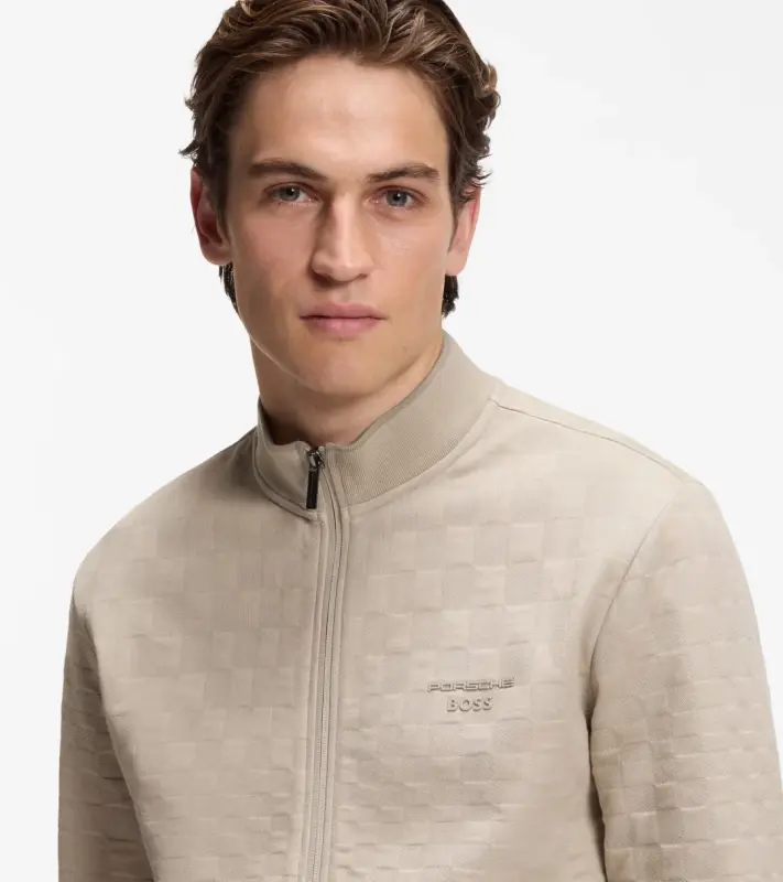 PORSCHE DESIGN Zip-up Sweatshirt with Pascha-check Jacquard Porsche x BOSS Svetr mikina na zip se žakárovým vzorem šachovnice a reliéfním logem v béžové