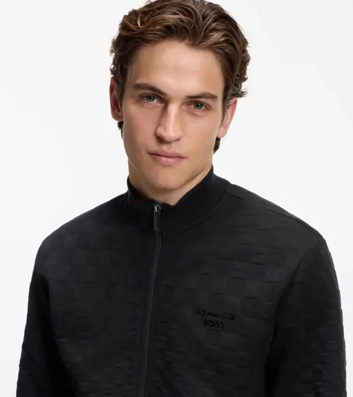 PORSCHE DESIGN Zip-up Sweatshirt with Pascha-check Jacquard Porsche x BOSS Svetr mikina na zip se žakárovým vzorem šachovnice a reliéfním logem v černé