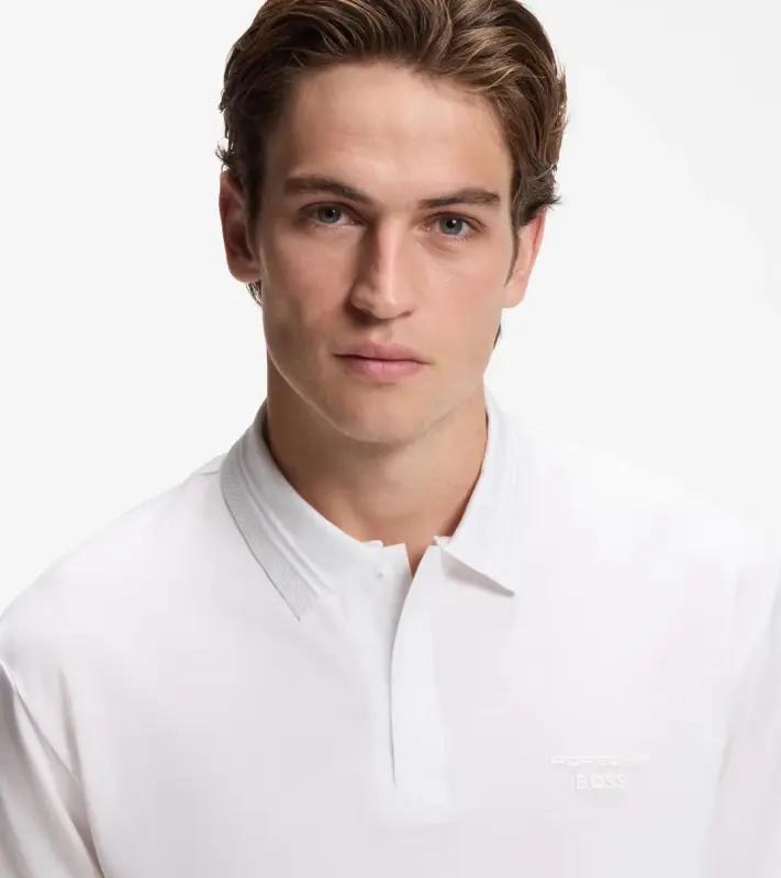 PORSCHE DESIGN Polo Shirt with gloss branding Porsche x BOSS Polokošile tričko s límečkem a knoflíčky s reliéfní grafikou bílá