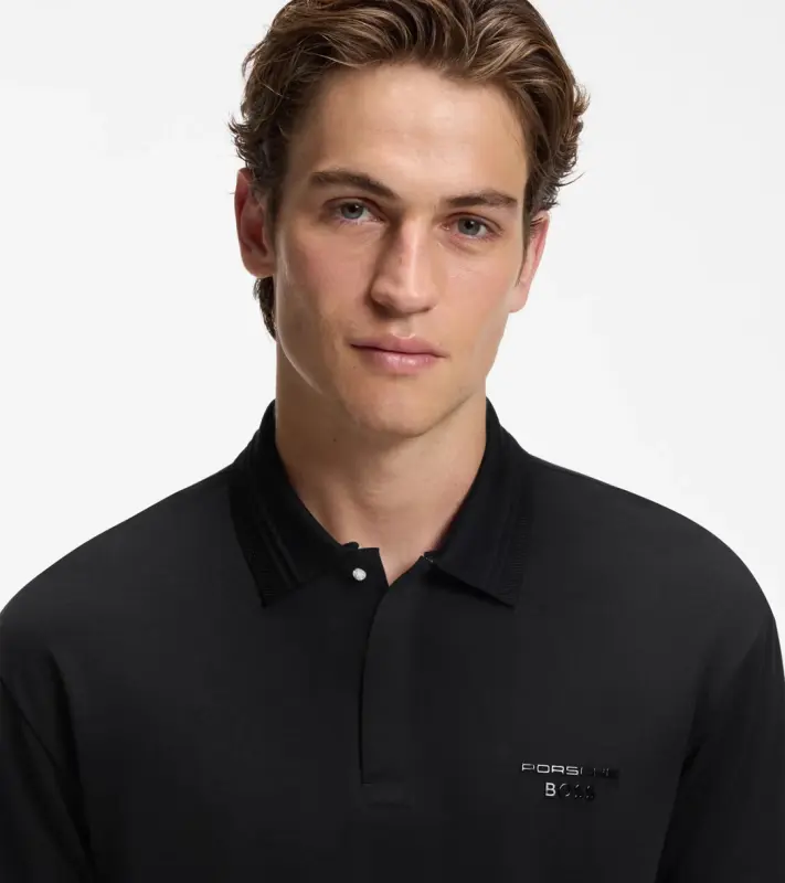 PORSCHE DESIGN Polo Shirt with gloss branding Porsche x BOSS Polokošile tričko s límečkem a knoflíčky s reliéfní grafikou černá