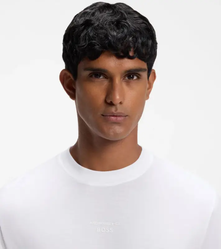 PORSCHE DESIGN Long-sleeved T-shirt with gloss logo Porsche x BOSS Tričko s dlouhým rukávem sportovně laděné s výstřihem ke krku bílé s grafikou