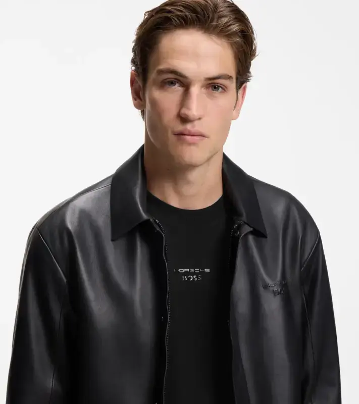 PORSCHE DESIGN Long-sleeved T-shirt with gloss logo Porsche x BOSS Tričko s dlouhým rukávem sportovně laděné s výstřihem ke krku černé s grafikou