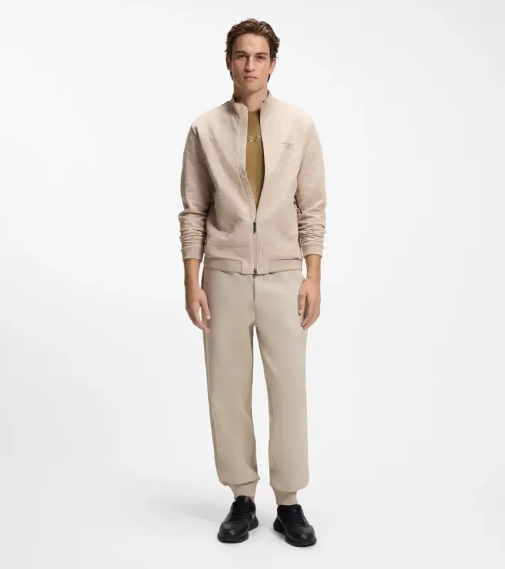 PORSCHE DESIGN Stretch-Jersey Tracksuit Bottoms with logo Porsche x BOSS Kalhoty volnočasové sportovní mírně strečové s náplety v béžové