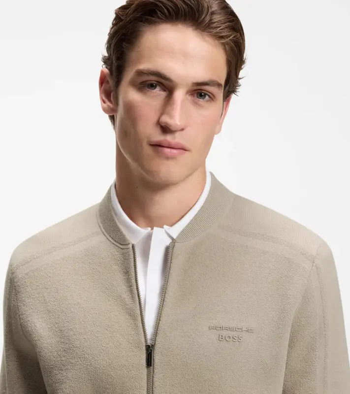 PORSCHE DESIGN Zip-up Cardigan with logo Porsche x BOSS Svetr rozepínací kardigan žakárový s reliéfním logem v béžové