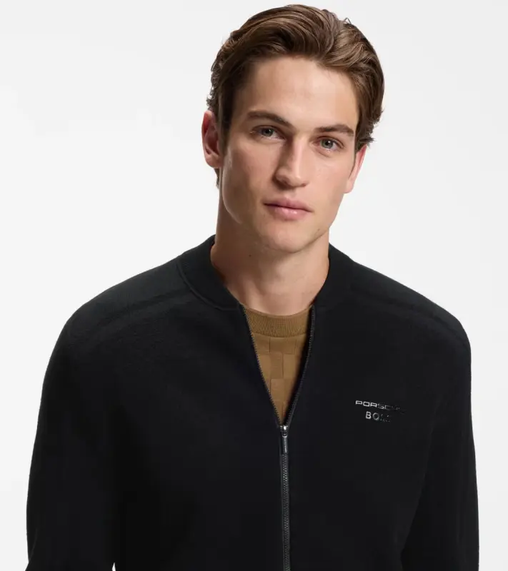 PORSCHE DESIGN Zip-up Cardigan with logo Porsche x BOSS Svetr rozepínací kardigan žakárový s reliéfním logem v černé