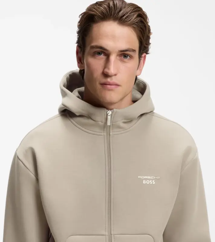 PORSCHE DESIGN Relaxed-fit zip-up Hoodie with logo Porsche x BOSS Mikina klokanka rozepínací s reliéfním logem v béžové