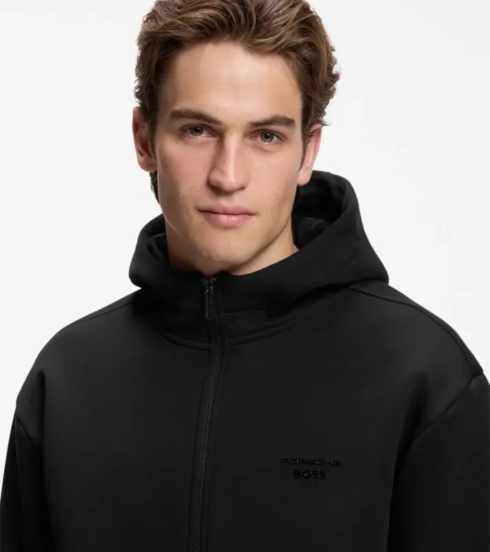 PORSCHE DESIGN Relaxed-fit zip-up Hoodie with logo Porsche x BOSS Mikina klokanka rozepínací s reliéfním logem v černé