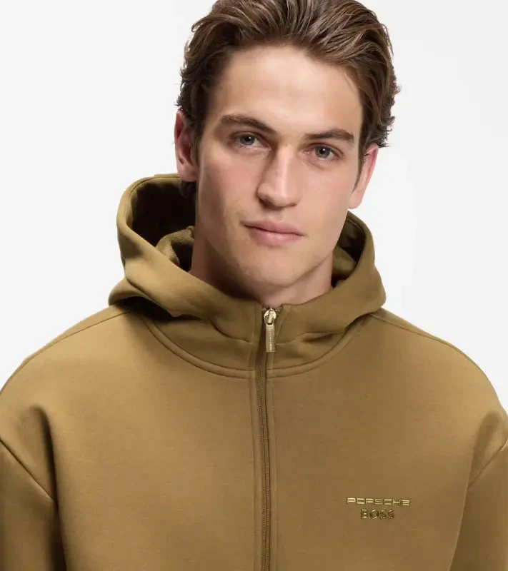 PORSCHE DESIGN Relaxed-fit zip-up Hoodie with logo Porsche x BOSS Mikina klokanka rozepínací s reliéfním logem hnědá camelka