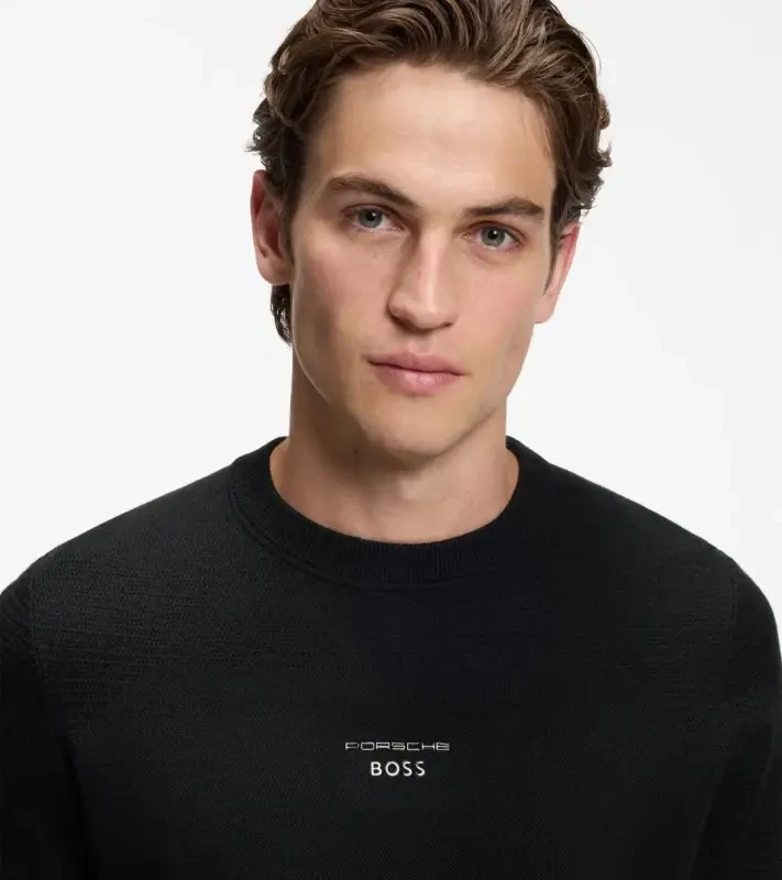 PORSCHE DESIGN Sweater with Ottoman-structured panels Porsche x BOSS Svetr z merina sportovně laděný s výstřihem ke krku s reliéfní grafikou v černé