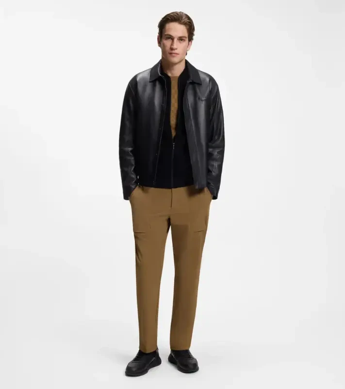 PORSCHE DESIGN Regular-fit Trousers in stretch fabric Porsche x BOSS Kalhoty neformální i volnočasové s reliéfním logem mírně strečové hnědé camelka