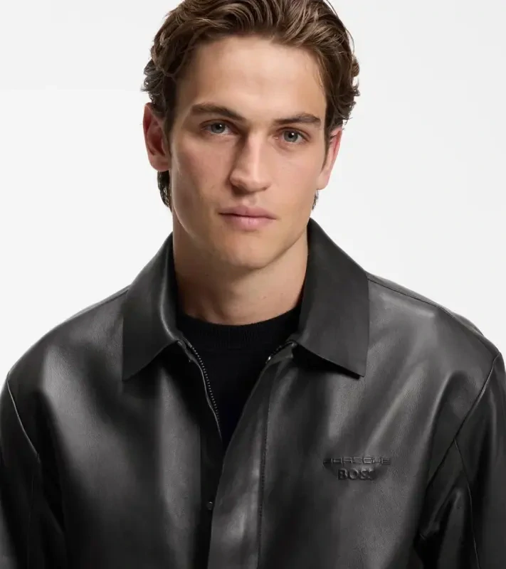 PORSCHE DESIGN Leather Jacket with concealed magnetic closure Porsche x BOSS Bunda kožená se zipem a krycí légou na magnetky s reliéfním logem černá