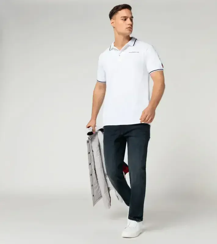 PORSCHE Polo shirt Turbo No. 1 Tričko polokošile s límečkem a knoflíky bílá s kostkovanými detaily
