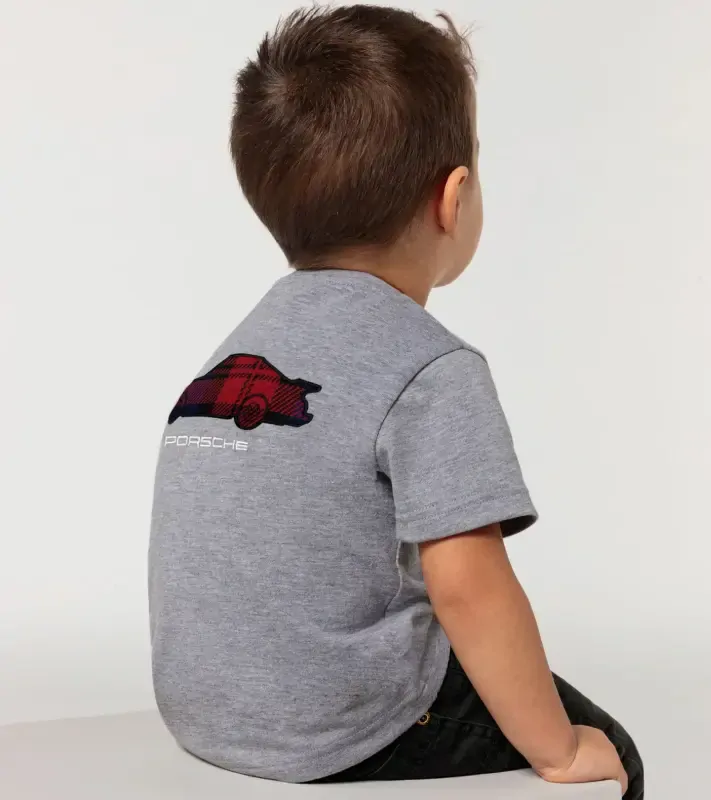 PORSCHE Kids T-shirt Turbo No. 1 Tričko s kulatým výstřihem dětské šedá s kostkovanými detaily