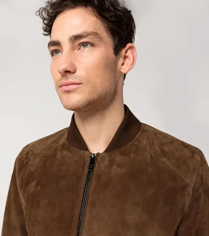 PORSCHE DESIGN Goat suede leather jacket Bunda kožená klasického střihu s detaiily z úpletu koňaková hnědá
