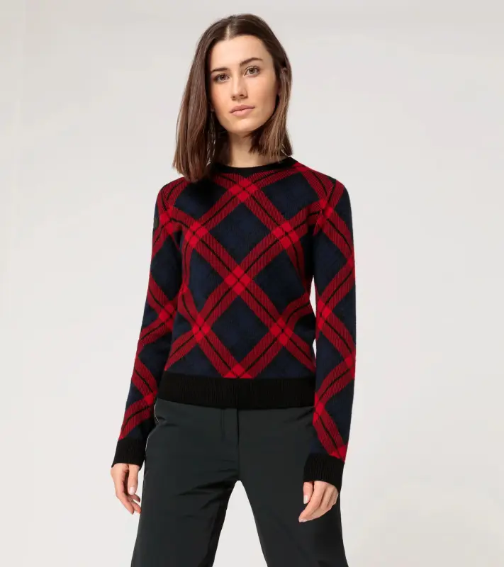 PORSCHE HEAD Women's Ski Pullover Turbo No. 1 Svetr pulovr dámský s výstřihem ke krku vhodný na lyže i běžné nošení červenočerná kostka
