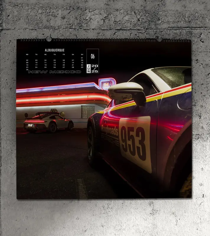 PORSCHE Calendar 2025 On Rough Roads Kalendář nástěnný Arizona Nové Mexiko + sběratelská mince