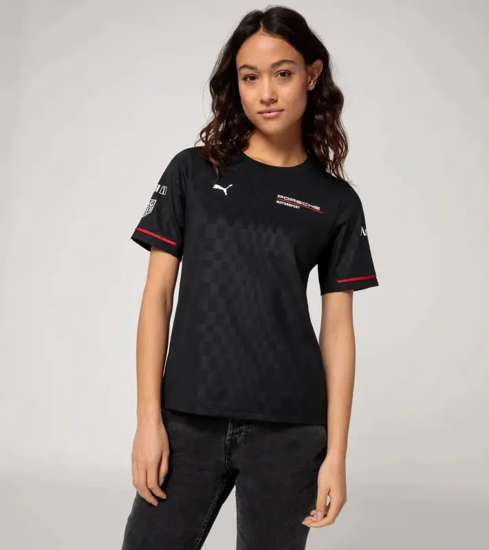 PORSCHE Women's T-shirt Motorsport Replica Tričko dámské sportovní s kulatým výstřihem černá s červenými doplňky