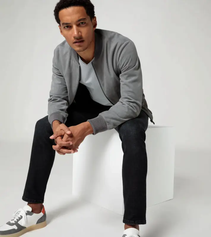 PORSCHE DESIGN Goat suede leather jacket Bunda kožená klasického střihu s detaily z úpletu světle šedá