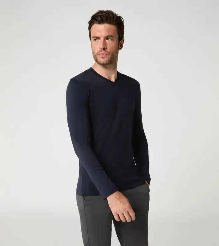 PORSCHE DESIGN Long-sleeve V-neck Shirt Tričko s dlouhým rukávem s výstřihem do V mírně elastické tmavě modrá