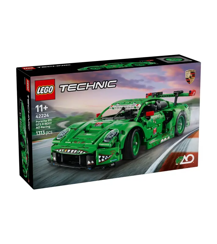 PORSCHE LEGO® Technic Porsche 911 GT3 R REXY AO Racing Race Car Skládací model sportovního vozu 1313 dílků zelená s dino motivy