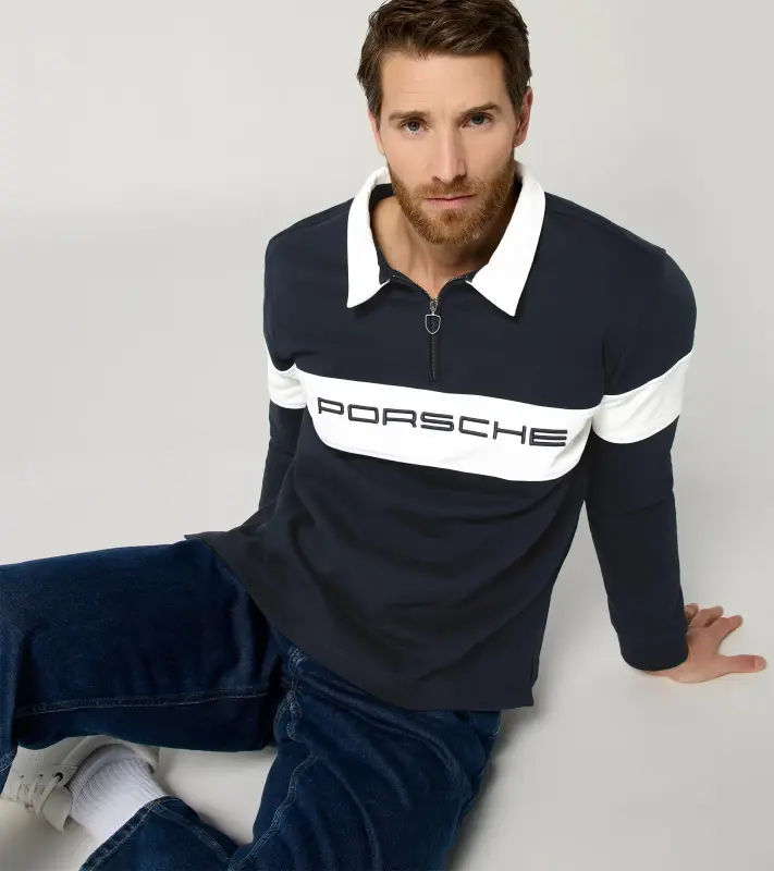 PORSCHE Unisex Retro Rugby Shirt Fan Community Svetr s límečkem a krátkým zipem ve stylu devadesátek tmavě modrá