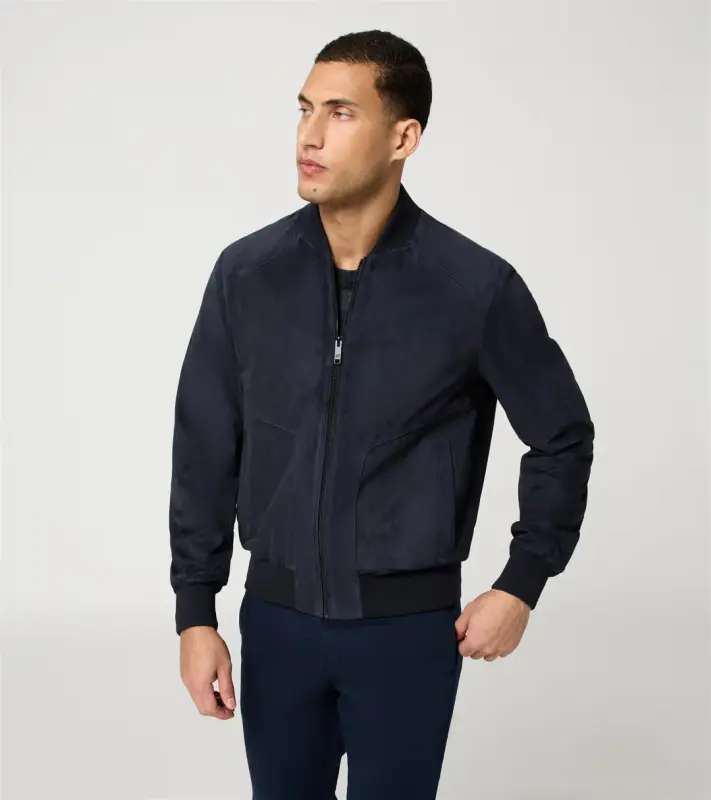 PORSCHE DESIGN Goat Suede Leather Jacket Bunda kožená klasického střihu s detaily z úpletu tmavě modrá