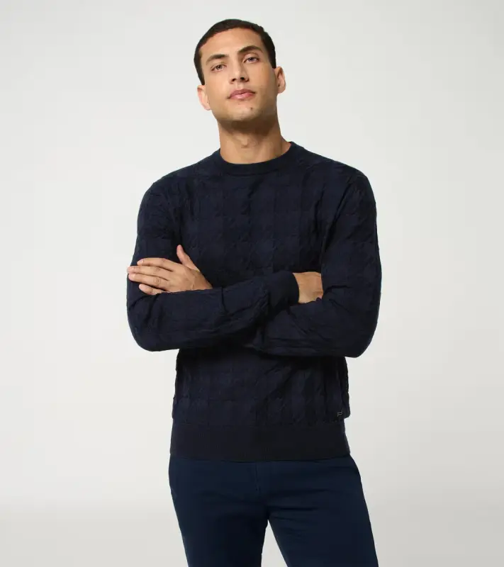 PORSCHE DESIGN Sweater Svetr s výstřihem ke krku z merina a žakárovým vzorem tmavě modrá