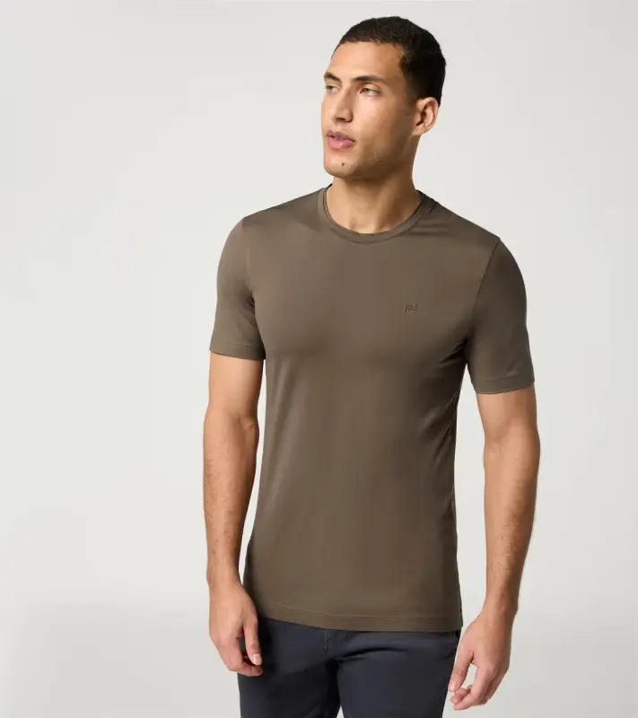 PORSCHE DESIGN Crew Neck T-Shirt Tričko bavlněné elastické s kulatým výstřihem v hnědé camelka