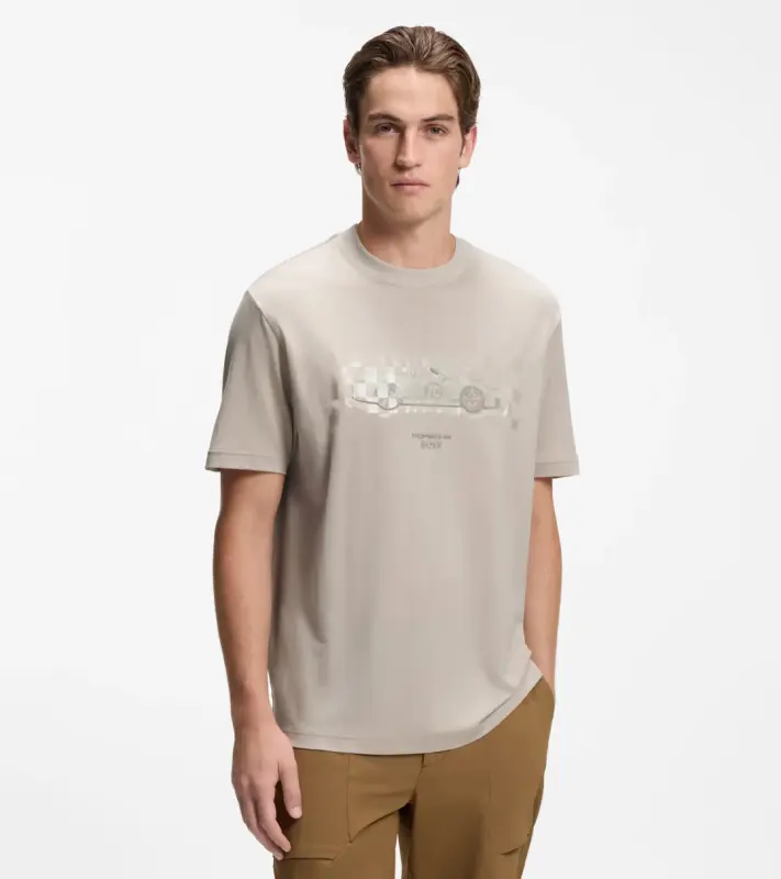 PORSCHE DESIGN T-shirt with gloss artwork Porsche x BOSS Tričko sportovně laděné s výstřihem ke krku béžové s grafikou