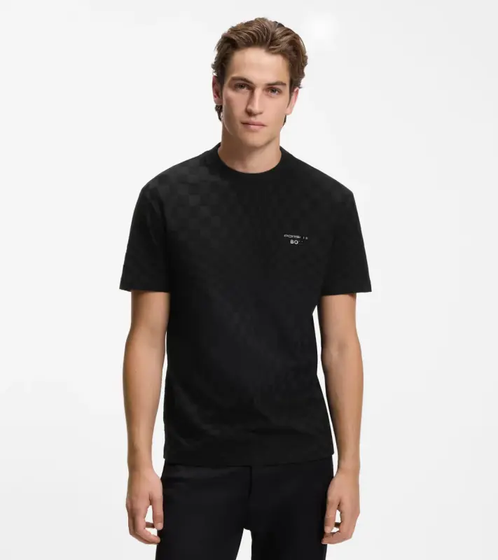 PORSCHE DESIGN Cotton T-shirt with Pascha pattern Porsche x BOSS Tričko sportovně laděné s výstřihem ke krku černé s grafikou a žakárovým vzorem