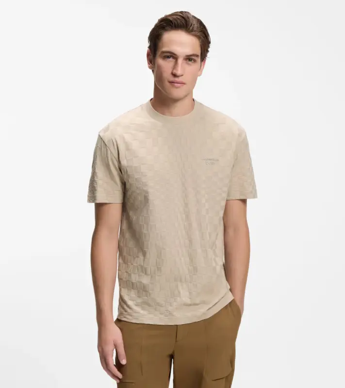 PORSCHE DESIGN Cotton T-shirt with Pascha pattern Porsche x BOSS Tričko sportovně laděné s výstřihem ke krku béžové s grafikou a žakárovým vzorem